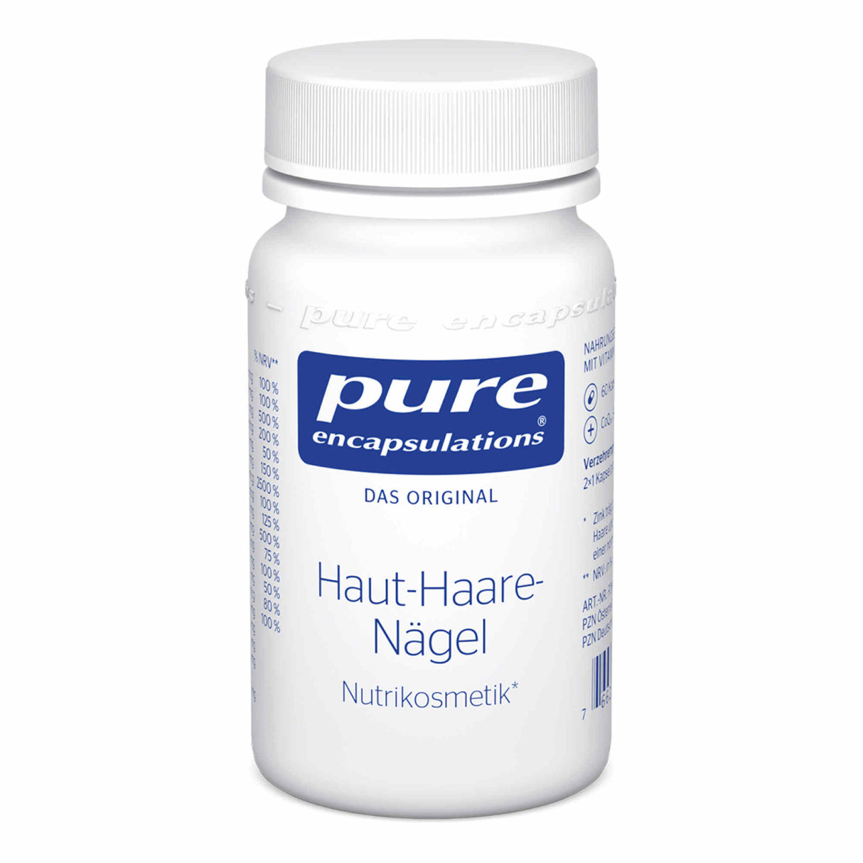 Das Bild zeigt eine weiße Plastikflasche mit einem Schraubverschluss. Auf dem Etikett steht 'pure encapsulations DAS ORIGINAL Haut-Haare-Nägel Nutrikosmetik'. Die Flasche ist auf einem weißen Hintergrund abgebildet.