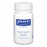 Das Bild zeigt eine weiße Plastikflasche mit einem Schraubverschluss. Auf dem Etikett steht 'pure encapsulations DAS ORIGINAL Haut-Haare-Nägel Nutrikosmetik'. Die Flasche ist auf einem weißen Hintergrund abgebildet.