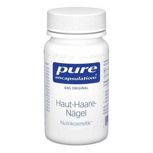 Das Bild zeigt eine weiße Plastikflasche mit einem Schraubverschluss. Auf dem Etikett steht 'pure encapsulations DAS ORIGINAL Haut-Haare-Nägel Nutrikosmetik'. Die Flasche ist auf einem weißen Hintergrund abgebildet.