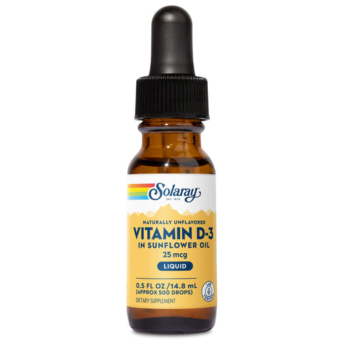 Eine braune Glasflasche mit Pipette, beschriftet mit 'Solaray Vitamin D-3 in Sonnenblumenöl, 25 mcg, Flüssig, 0.5 FL OZ / 14.8 mL, ca. 500 Tropfen, Nahrungsergänzungsmittel'.