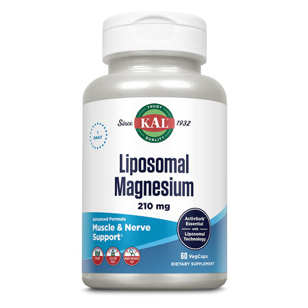 Eine weiße Plastikflasche mit einem Etikett, das "KAL Liposomal Magnesium 210 mg" zeigt. Das Etikett ist blau und weiß, mit Texten wie "Muscle & Nerve Support", "ActivSorb", "Vegan", "Gluten Free" und "Made Without Soy". Die Flasche enthält 60 VegCaps Nahrungsergänzungsmittel.