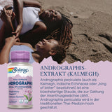 Zwei lachende Frauen liegen am Strand auf dem Rücken, halten sich an den Händen und schauen sich an. Im Vordergrund ist eine Flasche Solaray Andrographis-Extrakt abgebildet. Text auf dem Bild erklärt die Vorteile von Andrographis paniculata, auch bekannt als Kalmegh, ein traditionelles Heilmittel in der Thai-Medizin.