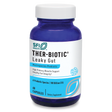 Eine blaue Flasche mit weißem Etikett zeigt ein Probiotikum von SFI Health namens THER-BIOTIC Leaky Gut. Das Etikett beschreibt es als Multispecies Probiotic mit 60 Kapseln und 100 Milliarden CFU.