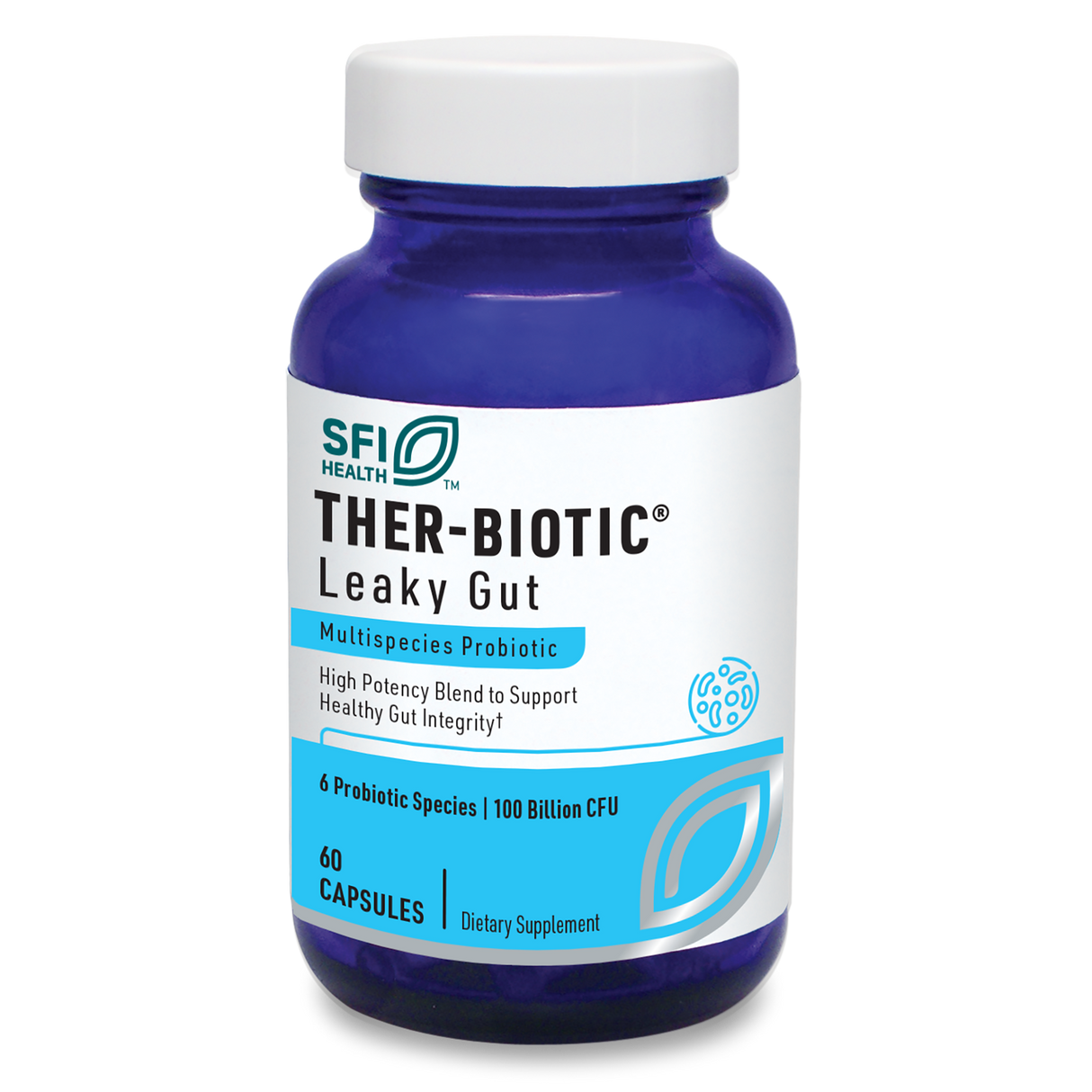 Eine blaue Flasche mit weißem Etikett zeigt ein Probiotikum von SFI Health namens THER-BIOTIC Leaky Gut. Das Etikett beschreibt es als Multispecies Probiotic mit 60 Kapseln und 100 Milliarden CFU.