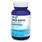 Eine blaue Flasche mit weißem Etikett zeigt ein Probiotikum von SFI Health namens THER-BIOTIC Leaky Gut. Das Etikett beschreibt es als Multispecies Probiotic mit 60 Kapseln und 100 Milliarden CFU.