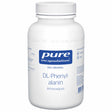 Eine weiße Plastikflasche mit einem Schraubverschluss. Auf dem Etikett steht 'pure encapsulations DL-Phenylalanin Aminosäure'. Die Flasche enthält 90 Kapseln und ist als vegan gekennzeichnet. Das Etikett ist blau und weiß gestaltet.