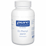 Eine weiße Plastikflasche mit einem Schraubverschluss. Auf dem Etikett steht 'pure encapsulations DL-Phenylalanin Aminosäure'. Die Flasche enthält 90 Kapseln und ist als vegan gekennzeichnet. Das Etikett ist blau und weiß gestaltet.