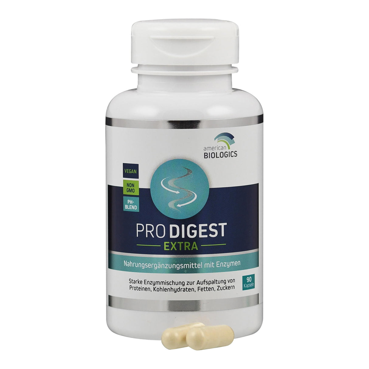 Flasche mit Nahrungsergänzungsmittel "PRODIGEST EXTRA" von American Biologics, vegan, nicht gentechnisch verändert, 90 Kapseln.