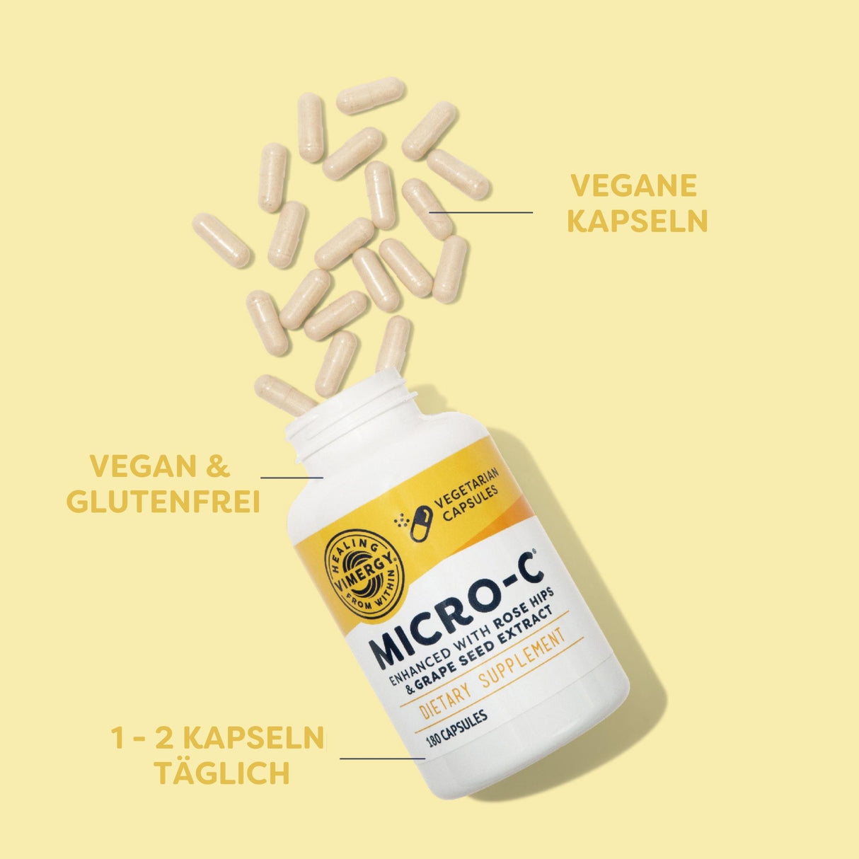 Flasche mit Nahrungsergänzungsmittel-Kapseln auf gelbem Hintergrund. Text: "Vegan & Glutenfrei", "Vegane Kapseln", "1-2 Kapseln täglich".