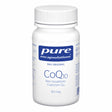 Das Bild zeigt eine weiße Plastikflasche mit einem Schraubverschluss. Auf dem Etikett steht 'pure encapsulations', 'CoQ10', 'Rein bioaktives Coenzym Q10', und '60 mg'. Die Flasche ist für Nahrungsergänzungsmittel und hat einen Barcode an der Seite.