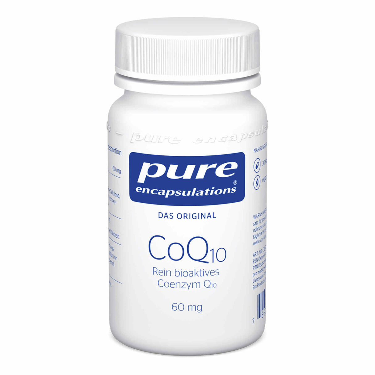 Das Bild zeigt eine weiße Plastikflasche mit einem Schraubverschluss. Auf dem Etikett steht 'pure encapsulations', 'CoQ10', 'Rein bioaktives Coenzym Q10', und '60 mg'. Die Flasche ist für Nahrungsergänzungsmittel und hat einen Barcode an der Seite.
