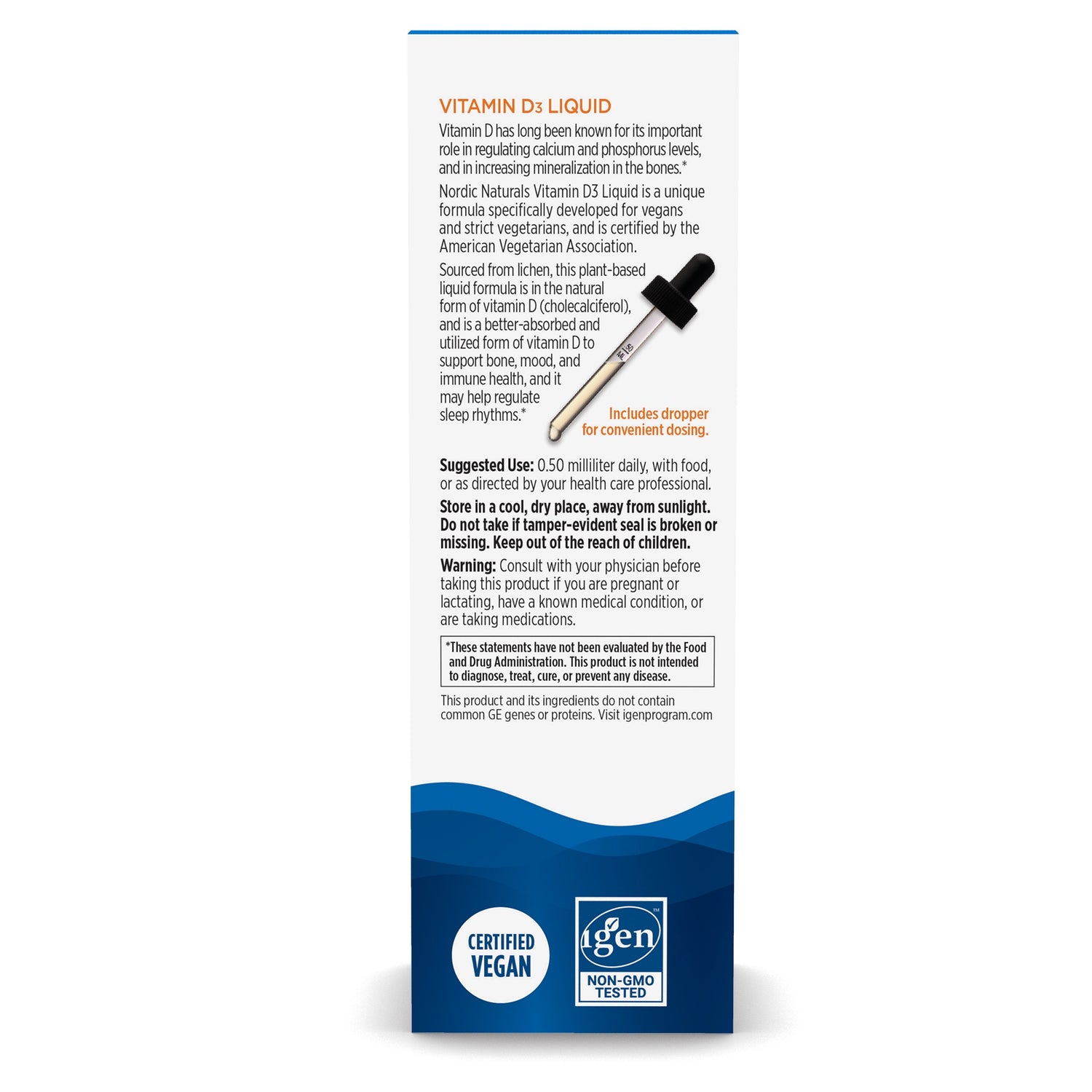 Etikett von Vitamin D3 Liquid mit Pipette. Hinweise zur Einnahme, Lagerung und Warnhinweise. Zertifiziert vegan, non-GMO.