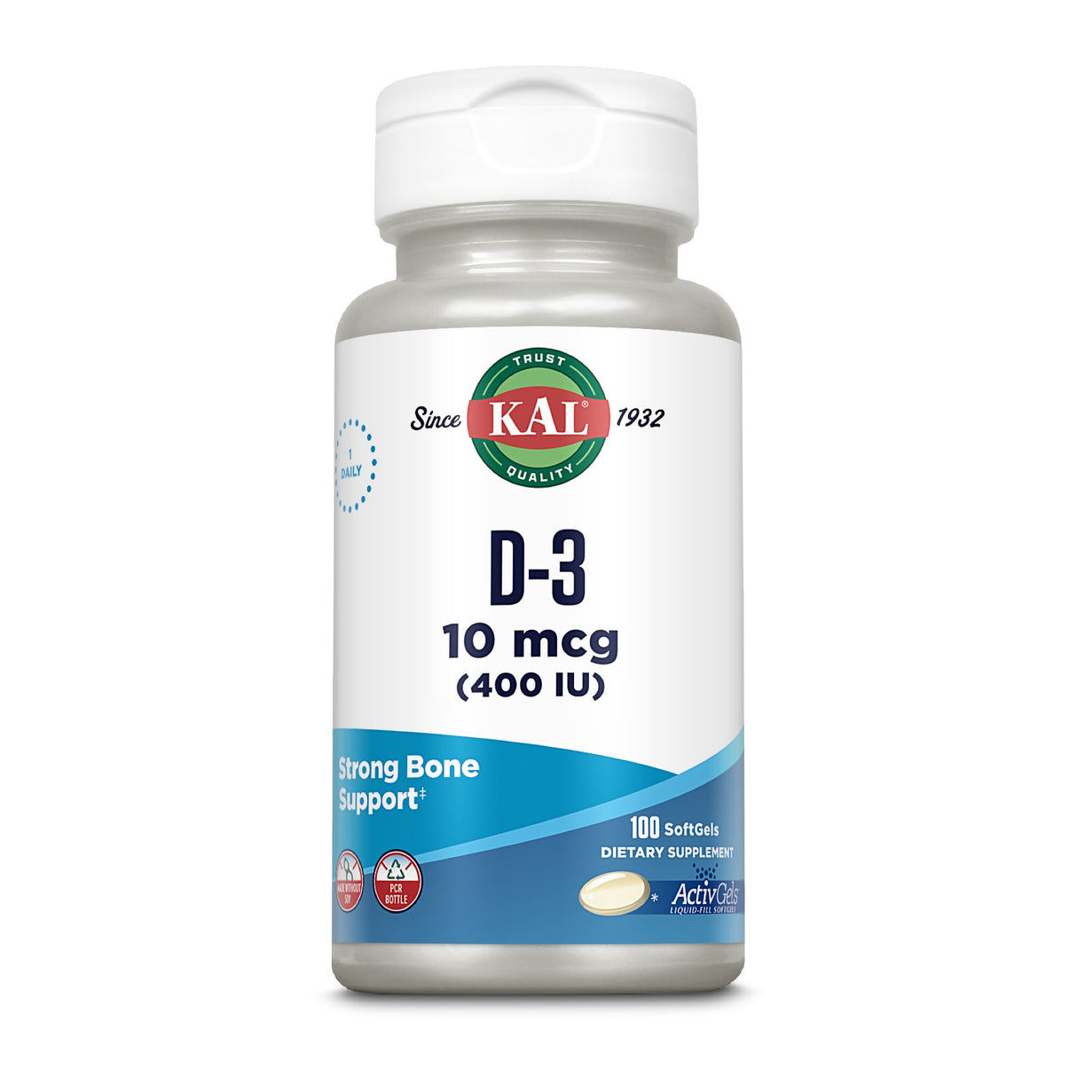 Eine weiße Flasche mit einem Etikett der Marke KAL. Auf dem Etikett steht "D-3 10 mcg (400 IU)" und "Strong Bone Support". Die Flasche enthält 100 Softgels und ist für die tägliche Nahrungsergänzung gedacht.