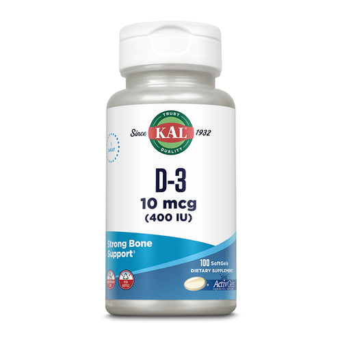 Eine weiße Flasche mit einem Etikett der Marke KAL. Auf dem Etikett steht "D-3 10 mcg (400 IU)" und "Strong Bone Support". Die Flasche enthält 100 Softgels und ist für die tägliche Nahrungsergänzung gedacht.