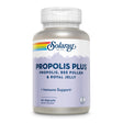 Das Bild zeigt eine Flasche Solaray Propolis Plus Nahrungsergänzungsmittel mit 90 VegCaps. Die Etikette ist lila mit einem Regenbogenstreifen und enthält Informationen über Propolis, Bienenpollen und Gelée Royale. Das Produkt bietet Unterstützung für das Immunsystem.