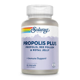 Das Bild zeigt eine Flasche Solaray Propolis Plus Nahrungsergänzungsmittel mit 90 VegCaps. Die Etikette ist lila mit einem Regenbogenstreifen und enthält Informationen über Propolis, Bienenpollen und Gelée Royale. Das Produkt bietet Unterstützung für das Immunsystem.