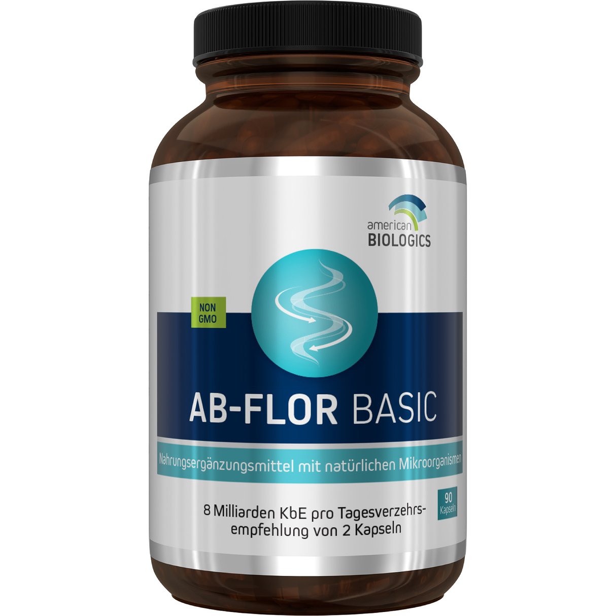 Eine braune Flasche mit schwarzem Deckel, auf der ein Etikett mit Informationen zu einem Nahrungsergänzungsmittel namens AB-Flora Basic angebracht ist. Das Etikett beschreibt die Inhaltsstoffe, Verzehrempfehlung und Hinweise zur Nutzung. Unten befindet sich ein Barcode. Die Flasche steht vor einem weißen Hintergrund.