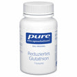 Eine weiße Plastikflasche mit einem Schraubverschluss. Auf dem Etikett steht „pure encapsulations DAS ORIGINAL Reduziertes Glutathion Tripeptid“. Die Flasche ist auf einem weißen Hintergrund abgebildet.