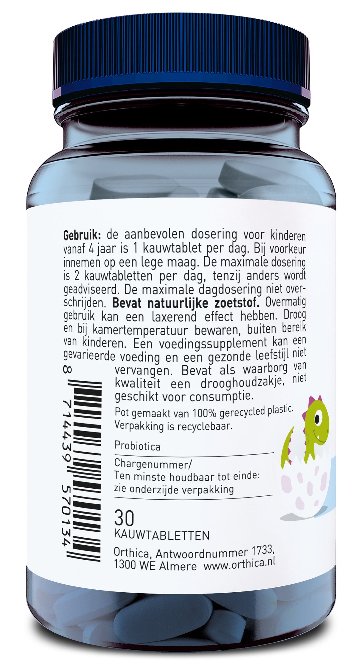 Eine Flasche mit einem blauen Deckel und weißen Etikett, das Gebrauchsanweisungen und Inhaltsstoffe in niederländischer Sprache enthält. Die Flasche enthält 30 Kautabletten. Auf dem Etikett ist ein grüner Dinosaurier abgebildet. Die Flasche ist aus recyceltem Plastik und enthält natürliche Süßstoffe.