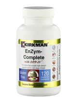 Eine weiße Flasche mit dem Aufdruck 'Kirkman EnZym-Complete mit DPP-IV'. Die Flasche enthält 120 vegetarische Kapseln. Auf der Flasche sind verschiedene Symbole, die anzeigen, dass das Produkt glutenfrei, kaseinfrei, GMO-frei, milchfrei, eifrei und nussfrei ist. Der Text 'Certified Purity Tested for 900+ Toxic Compounds' ist ebenfalls sichtbar.