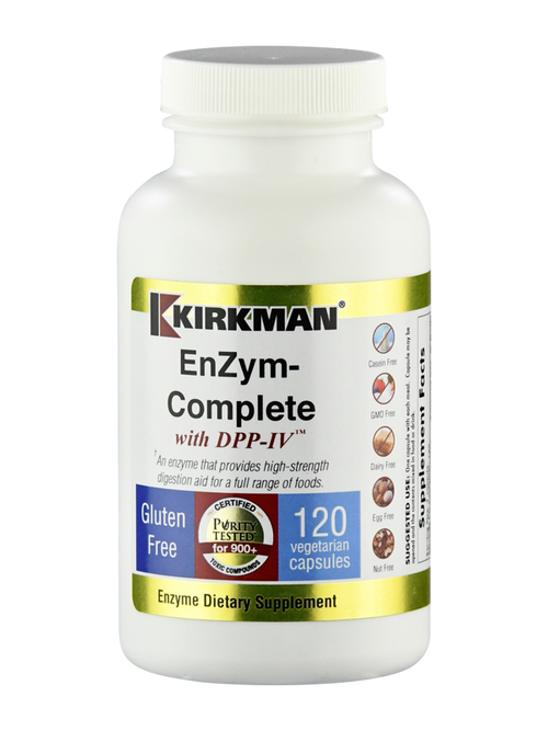 Eine weiße Flasche mit dem Aufdruck 'Kirkman EnZym-Complete mit DPP-IV'. Die Flasche enthält 120 vegetarische Kapseln. Auf der Flasche sind verschiedene Symbole, die anzeigen, dass das Produkt glutenfrei, kaseinfrei, GMO-frei, milchfrei, eifrei und nussfrei ist. Der Text 'Certified Purity Tested for 900+ Toxic Compounds' ist ebenfalls sichtbar.