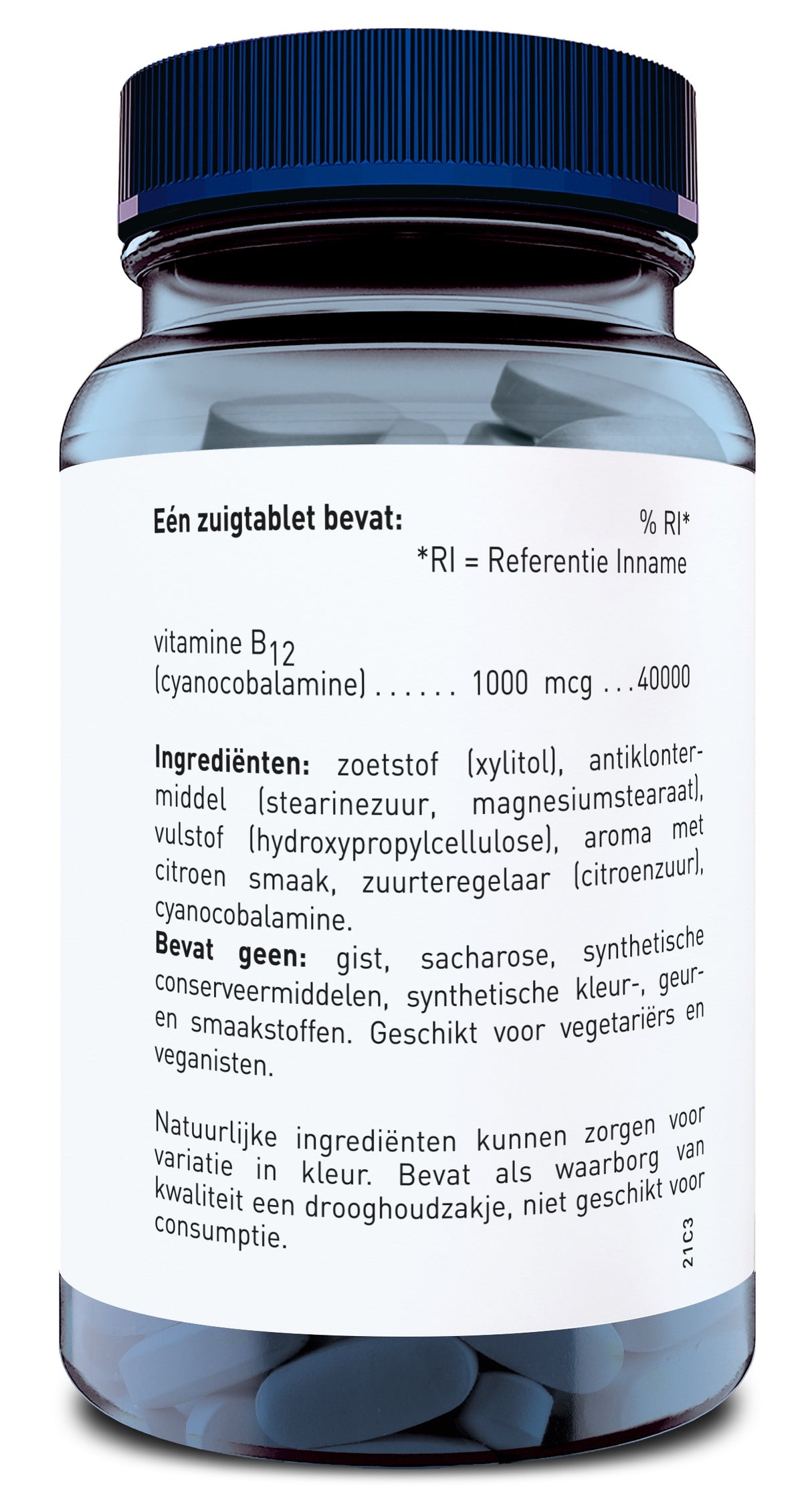 Das Bild zeigt eine Plastikflasche mit einem blauen Schraubverschluss. Auf dem Etikett sind Informationen über den Inhalt der Flasche auf Niederländisch gedruckt. Die Flasche enthält Lutschtabletten mit Vitamin B12 (Cyanocobalamin) in einer Dosierung von 1000 mcg. Die Zutatenliste umfasst Xylitol, Stearinsäure, Magnesiumstearat und Hydroxypropylcellulose. Es wird angegeben, dass das Produkt keine Hefe, Saccharose oder synthetische Konservierungsstoffe enthält und für Vegetarier und Veganer geeignet ist. Die