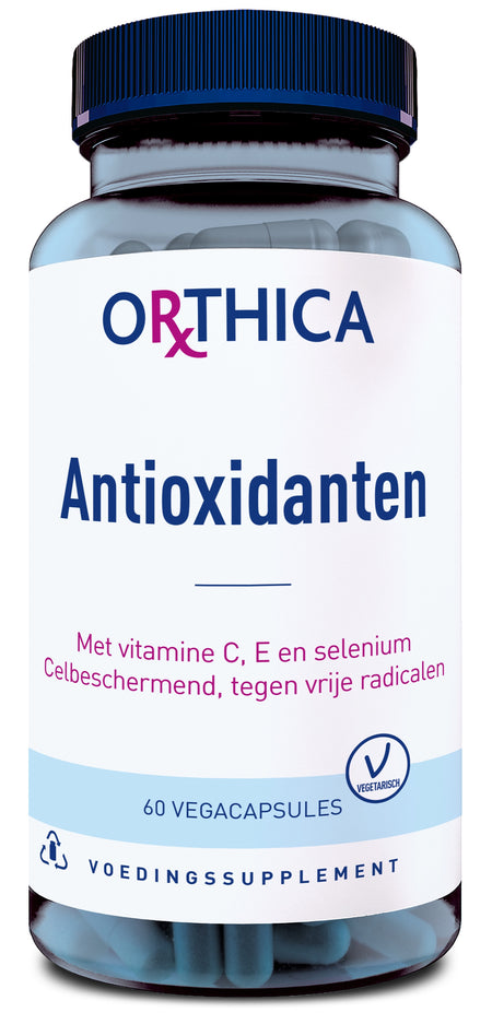 Eine Flasche mit dem Etikett 'Orthica Antioxidanten', die 60 vegane Kapseln enthält. Das Etikett hebt die Inhaltsstoffe Vitamin C, E und Selen hervor und betont den Zellschutz gegen freie Radikale. Die Flasche hat einen blauen Schraubverschluss.