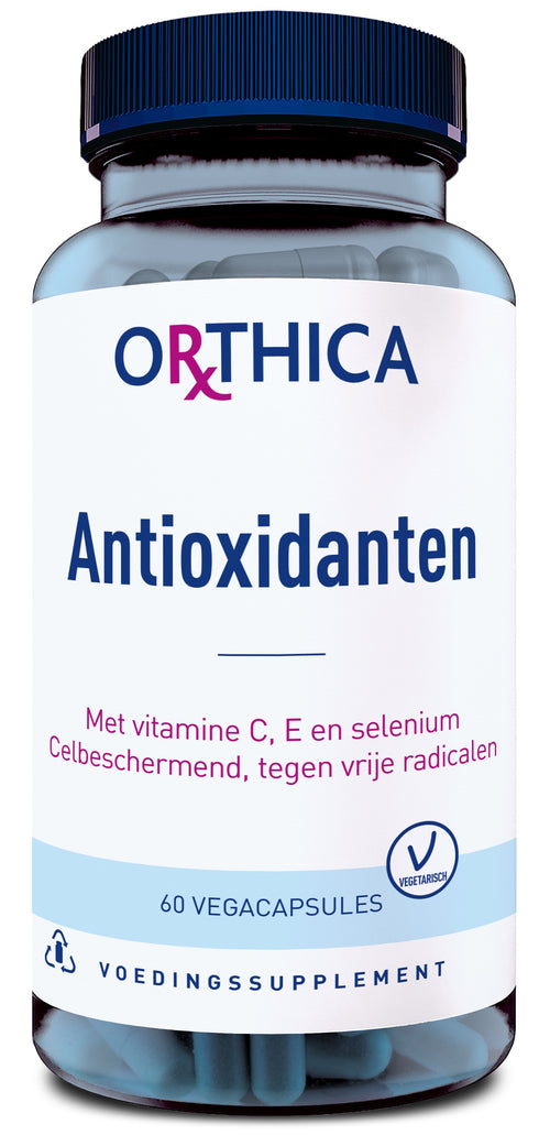 Eine Flasche mit dem Etikett 'Orthica Antioxidanten', die 60 vegane Kapseln enthält. Das Etikett hebt die Inhaltsstoffe Vitamin C, E und Selen hervor und betont den Zellschutz gegen freie Radikale. Die Flasche hat einen blauen Schraubverschluss.