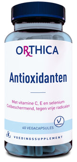 Eine Flasche mit dem Etikett 'Orthica Antioxidanten', die 60 vegane Kapseln enthält. Das Etikett hebt die Inhaltsstoffe Vitamin C, E und Selen hervor und betont den Zellschutz gegen freie Radikale. Die Flasche hat einen blauen Schraubverschluss.
