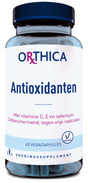 Eine Flasche mit dem Etikett 'Orthica Antioxidanten', die 60 vegane Kapseln enthält. Das Etikett hebt die Inhaltsstoffe Vitamin C, E und Selen hervor und betont den Zellschutz gegen freie Radikale. Die Flasche hat einen blauen Schraubverschluss.
