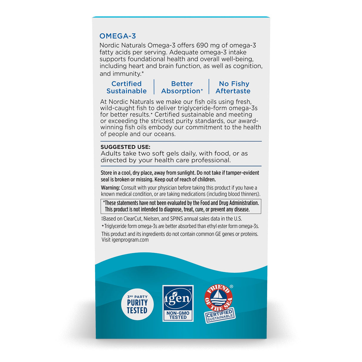 Verpackung von Nordic Naturals Omega-3 mit 690 mg Omega-3-Fettsäuren pro Portion. Enthält Hinweise zur Verwendung und Warnungen. Zertifikate unten.