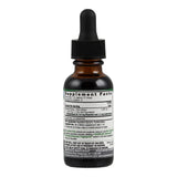 Eine braune Glasflasche mit schwarzem Tropfverschluss und einem Etikett mit Nährwertangaben. Das Etikett beschreibt ein Nahrungsergänzungsmittel mit Rhodiola Rosea L.-Wurzelextrakt. Die Flasche steht vor einem weißen Hintergrund.