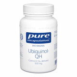 Das Bild zeigt eine weiße Flasche mit einem blauen Etikett. Auf dem Etikett steht 'pure encapsulations', 'Das Original', 'Ubiquinol-QH', und 'Coenzym Q10 aktiviert 100 mg'. Die Flasche hat einen weißen Schraubverschluss. Es handelt sich um ein Nahrungsergänzungsmittel.