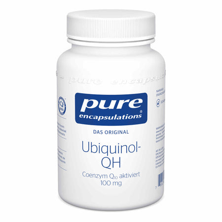 Das Bild zeigt eine weiße Flasche mit einem blauen Etikett. Auf dem Etikett steht 'pure encapsulations', 'Das Original', 'Ubiquinol-QH', und 'Coenzym Q10 aktiviert 100 mg'. Die Flasche hat einen weißen Schraubverschluss. Es handelt sich um ein Nahrungsergänzungsmittel.