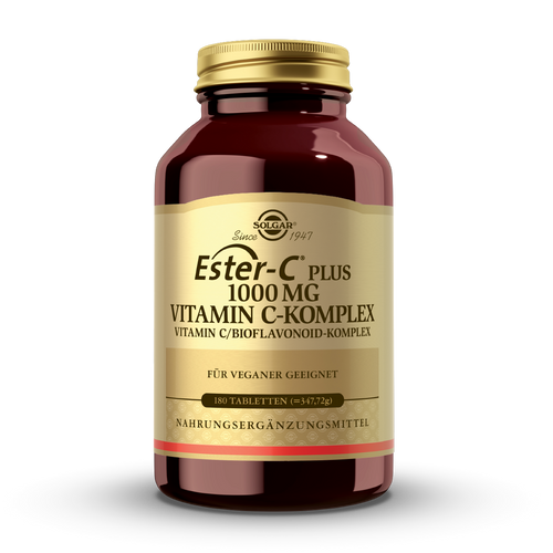 Ein braunes Glasgefäß mit goldenem Deckel, das Nahrungsergänzungsmittel enthält. Auf dem Etikett steht „Solgar Ester-C Plus 1000 mg Vitamin C-Komplex“. Das Produkt ist für Veganer geeignet und enthält 180 Tabletten.