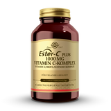 Ein braunes Glasgefäß mit goldenem Deckel, das Nahrungsergänzungsmittel enthält. Auf dem Etikett steht „Solgar Ester-C Plus 1000 mg Vitamin C-Komplex“. Das Produkt ist für Veganer geeignet und enthält 180 Tabletten.