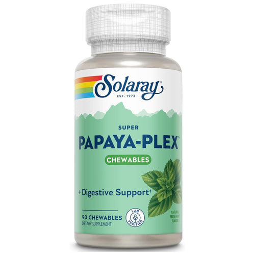 Eine Flasche Solaray Super Papaya-Plex Chewables mit 90 Kautabletten zur Unterstützung der Verdauung. Das Etikett zeigt einen Regenbogenstreifen und grüne Blätter. Die Flasche ist transparent mit einem weißen Deckel.