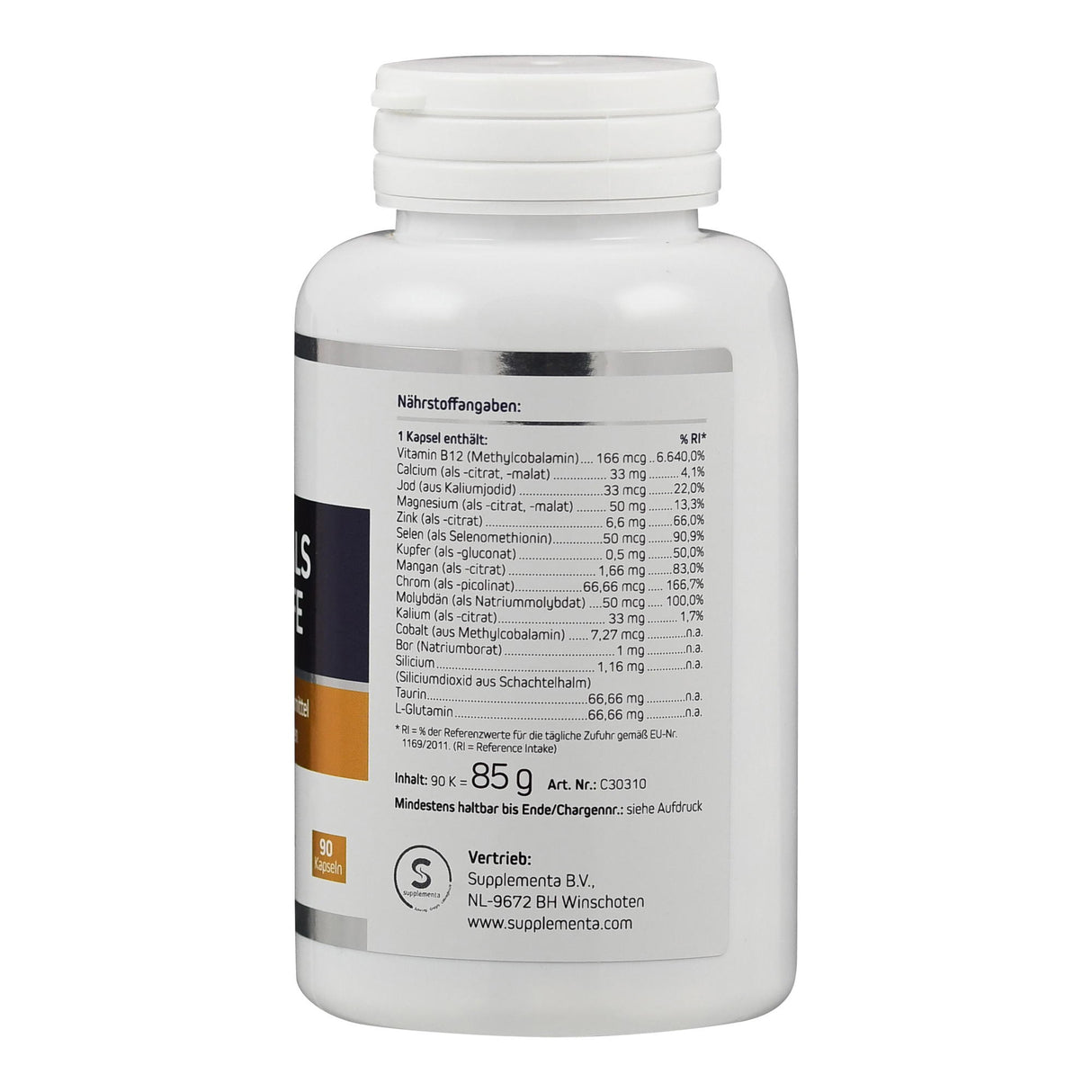 Weiße Plastikflasche mit Nährstoffangaben auf dem Etikett, enthält verschiedene Mineralien und Vitamine. Hersteller: Supplementa B.V.