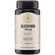 Eine braune Plastikdose mit der Aufschrift 'Glutathion 150 mg, Setria, ohne Gentechnik, Glutenfrei, Vegan, 120 Kapseln'. Das Etikett zeigt auch 'Nahrungsergänzungsmittel'.