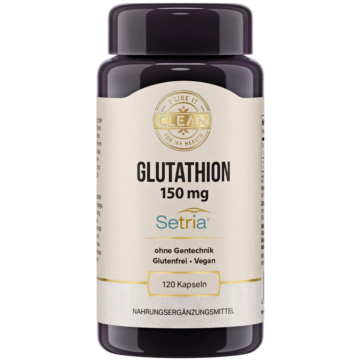 Eine braune Plastikdose mit der Aufschrift 'Glutathion 150 mg, Setria, ohne Gentechnik, Glutenfrei, Vegan, 120 Kapseln'. Das Etikett zeigt auch 'Nahrungsergänzungsmittel'.