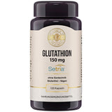 Eine braune Plastikdose mit der Aufschrift 'Glutathion 150 mg, Setria, ohne Gentechnik, Glutenfrei, Vegan, 120 Kapseln'. Das Etikett zeigt auch 'Nahrungsergänzungsmittel'.