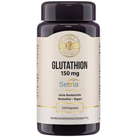 Eine braune Plastikdose mit der Aufschrift 'Glutathion 150 mg, Setria, ohne Gentechnik, Glutenfrei, Vegan, 120 Kapseln'. Das Etikett zeigt auch 'Nahrungsergänzungsmittel'.