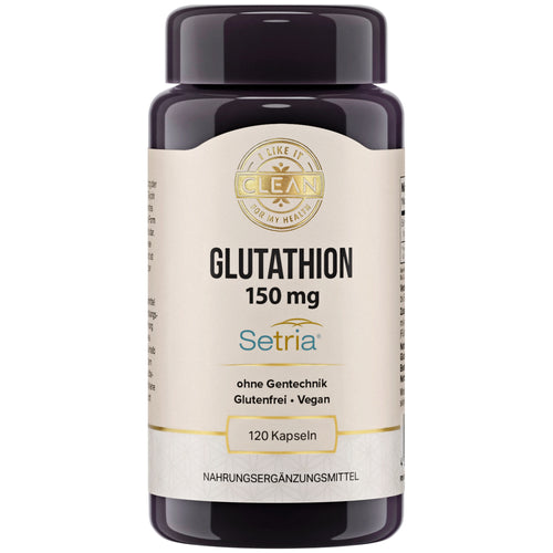 Eine braune Plastikdose mit der Aufschrift 'Glutathion 150 mg, Setria, ohne Gentechnik, Glutenfrei, Vegan, 120 Kapseln'. Das Etikett zeigt auch 'Nahrungsergänzungsmittel'.