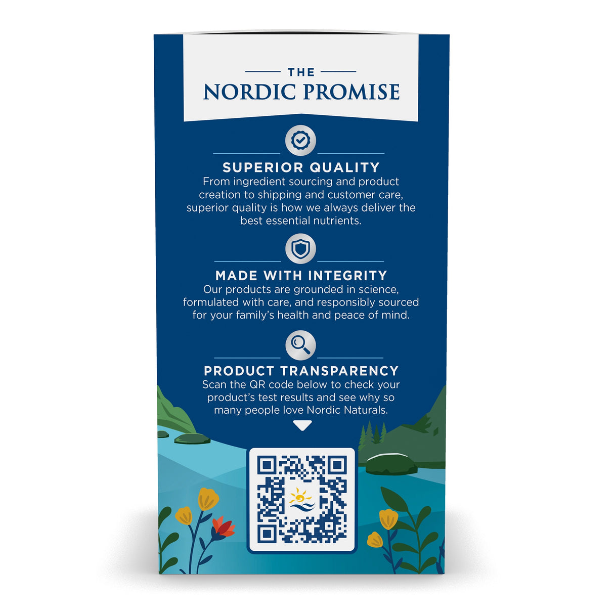 Eine Verpackung von Nordic Naturals mit dem Titel 'The Nordic Promise'. Der Text beschreibt die hohe Qualität, Integrität und Transparenz der Produkte. Ein QR-Code ist unten abgebildet. Der Hintergrund zeigt eine Landschaft mit Bergen und Blumen.