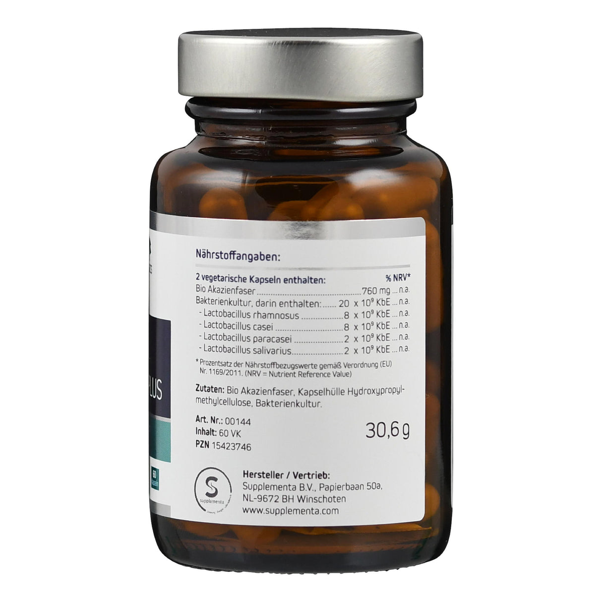 Braunes Glas mit silbernem Deckel, Etikett mit Nährstoffangaben, enthält Lactobacillus und Akazienfaser. Hersteller: Supplementa B.V.