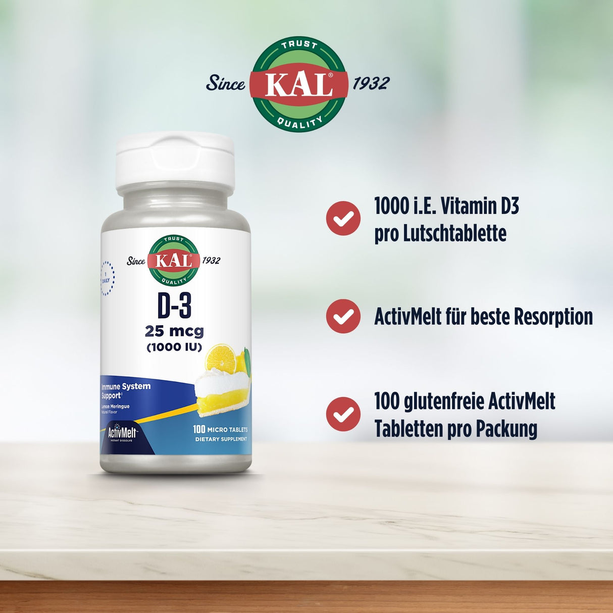 Vitamin D3 Nahrungsergänzung von KAL mit 1000 i.E. pro Lutschtablette, ActivMelt-Technologie, glutenfrei, 100 Tabletten pro Packung.
