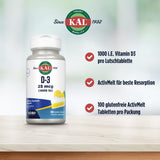 Vitamin D3 Nahrungsergänzung von KAL mit 1000 i.E. pro Lutschtablette, ActivMelt-Technologie, glutenfrei, 100 Tabletten pro Packung.