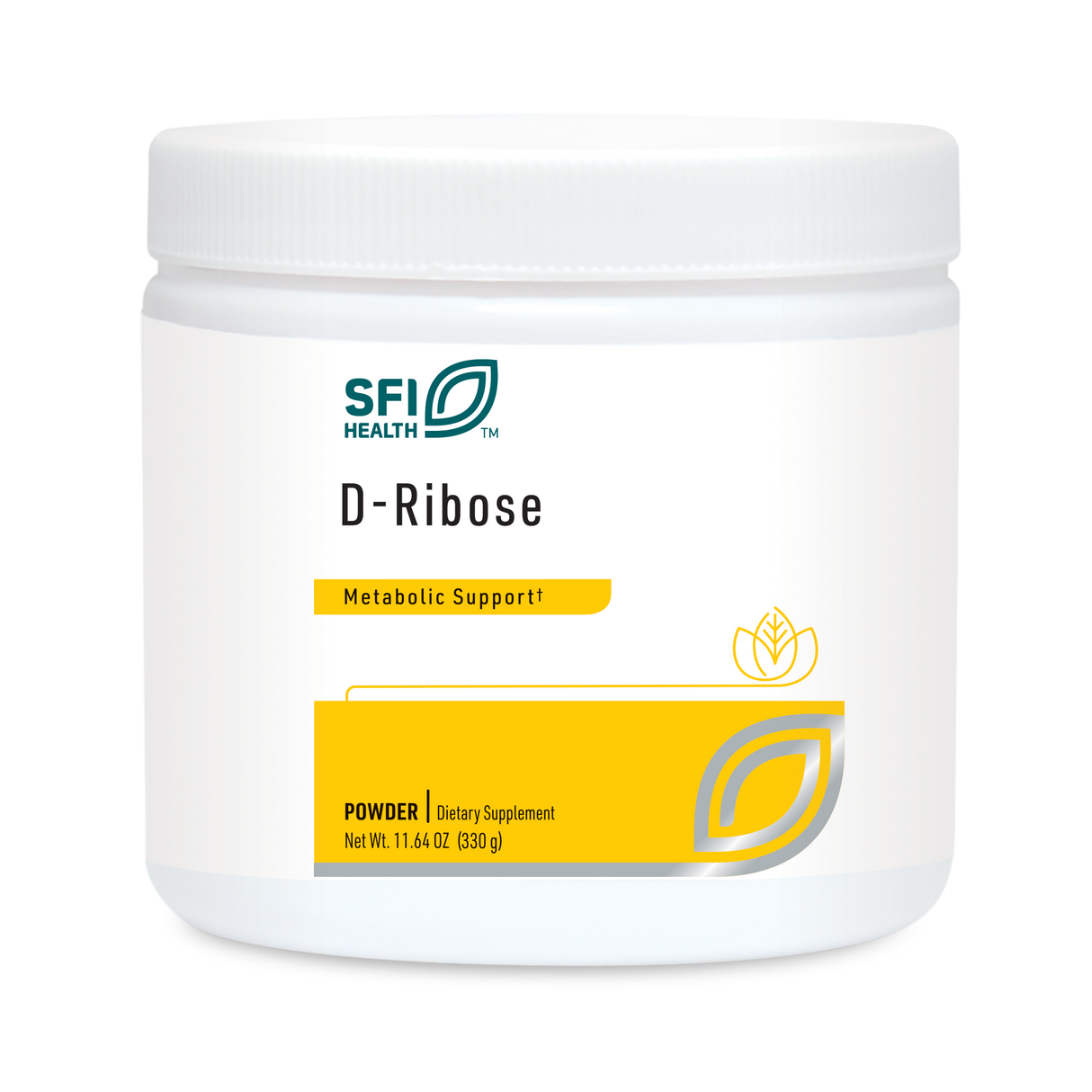 Das Bild zeigt einen weißen Behälter mit einem Schraubverschluss. Auf dem Etikett steht "SFI Health D-Ribose Metabolic Support". Der Behälter enthält 330 g Pulver. Das Etikett ist hauptsächlich in Weiß und Gelb gehalten.