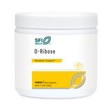 Das Bild zeigt einen weißen Behälter mit einem Schraubverschluss. Auf dem Etikett steht "SFI Health D-Ribose Metabolic Support". Der Behälter enthält 330 g Pulver. Das Etikett ist hauptsächlich in Weiß und Gelb gehalten.