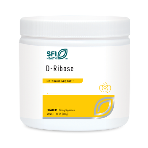 Das Bild zeigt einen weißen Behälter mit einem Schraubverschluss. Auf dem Etikett steht "SFI Health D-Ribose Metabolic Support". Der Behälter enthält 330 g Pulver. Das Etikett ist hauptsächlich in Weiß und Gelb gehalten.